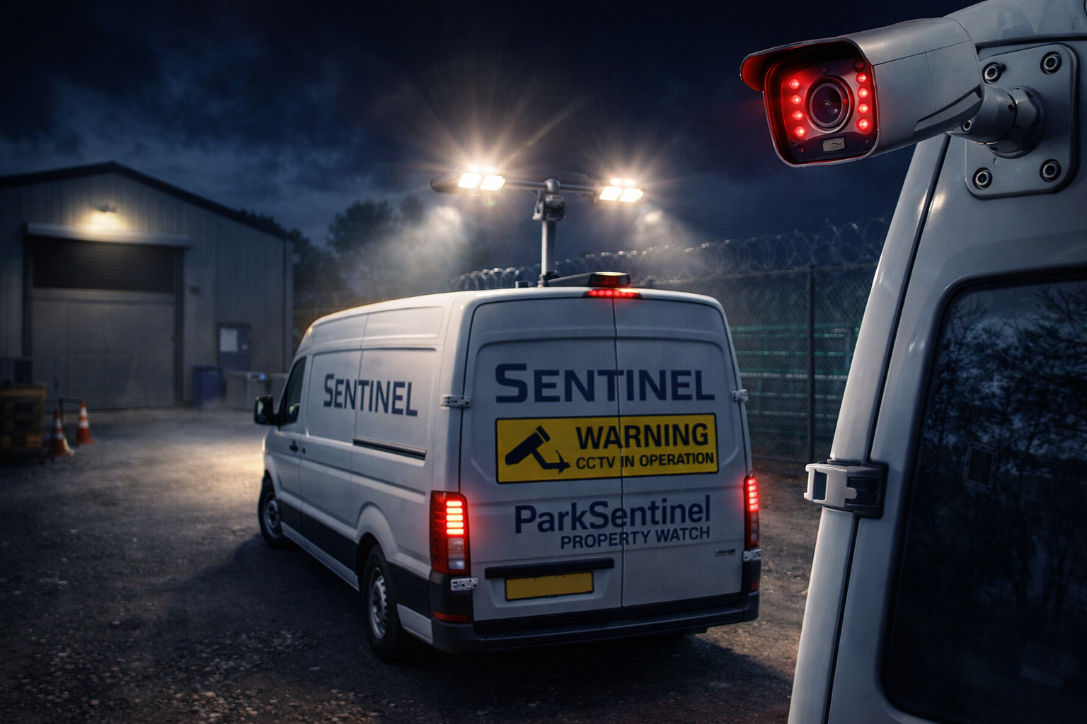 ParkSentinel van with CCTV surveillance signage and motion activated lighting